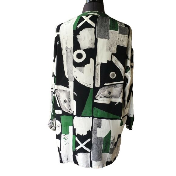 Kenar Button-Front Top Tunic Long-Sleeve Crew-Neck Green/Cream/Black Print S Ray - Picture 6 of 7